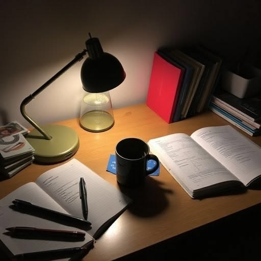 Notitieboek en pen op een bureau naast een zachte bureaulamp